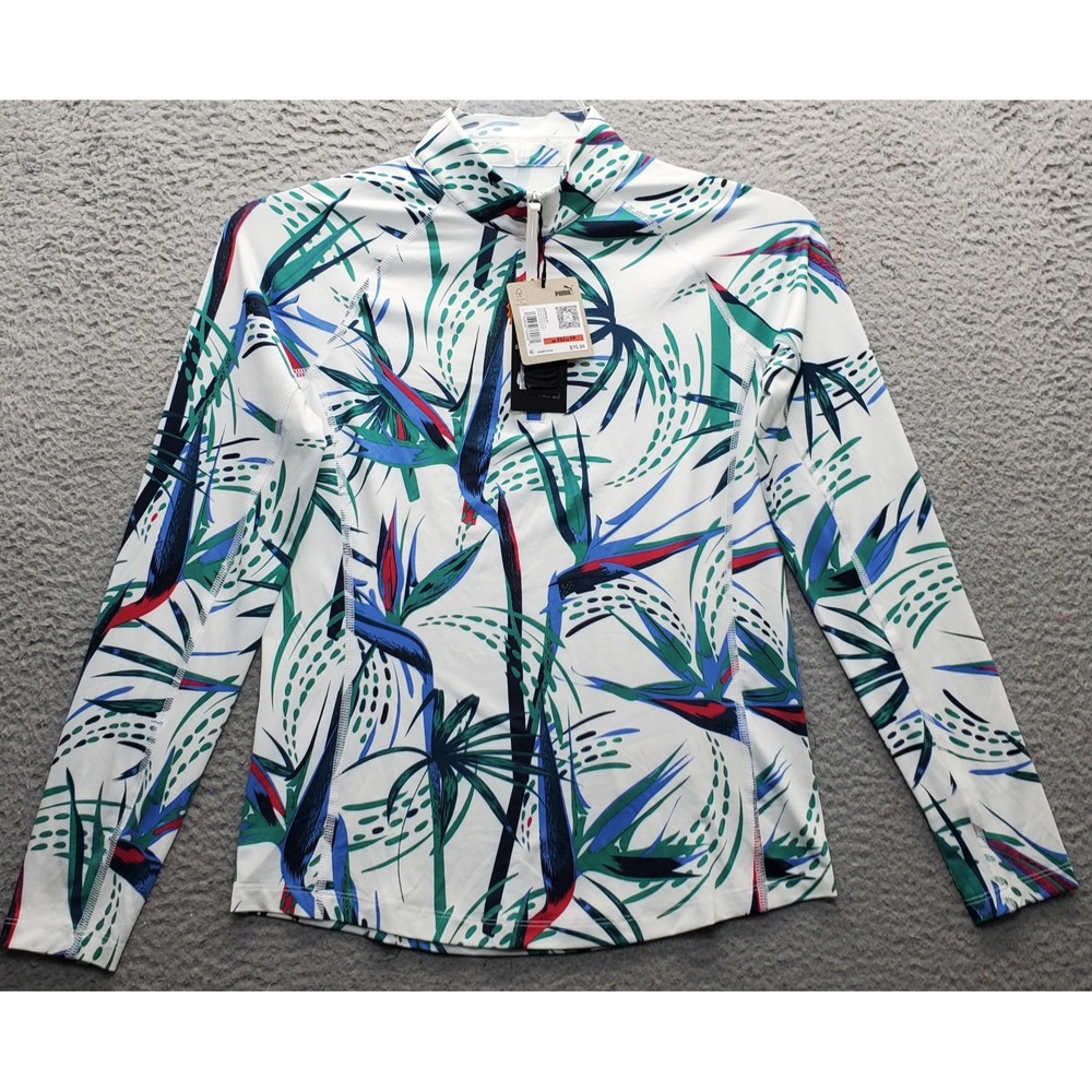 PUMA Activewear Shirt Women XS Multi Leaf Print Golf UPF 50+ Long Sleeve 1/4 Zip